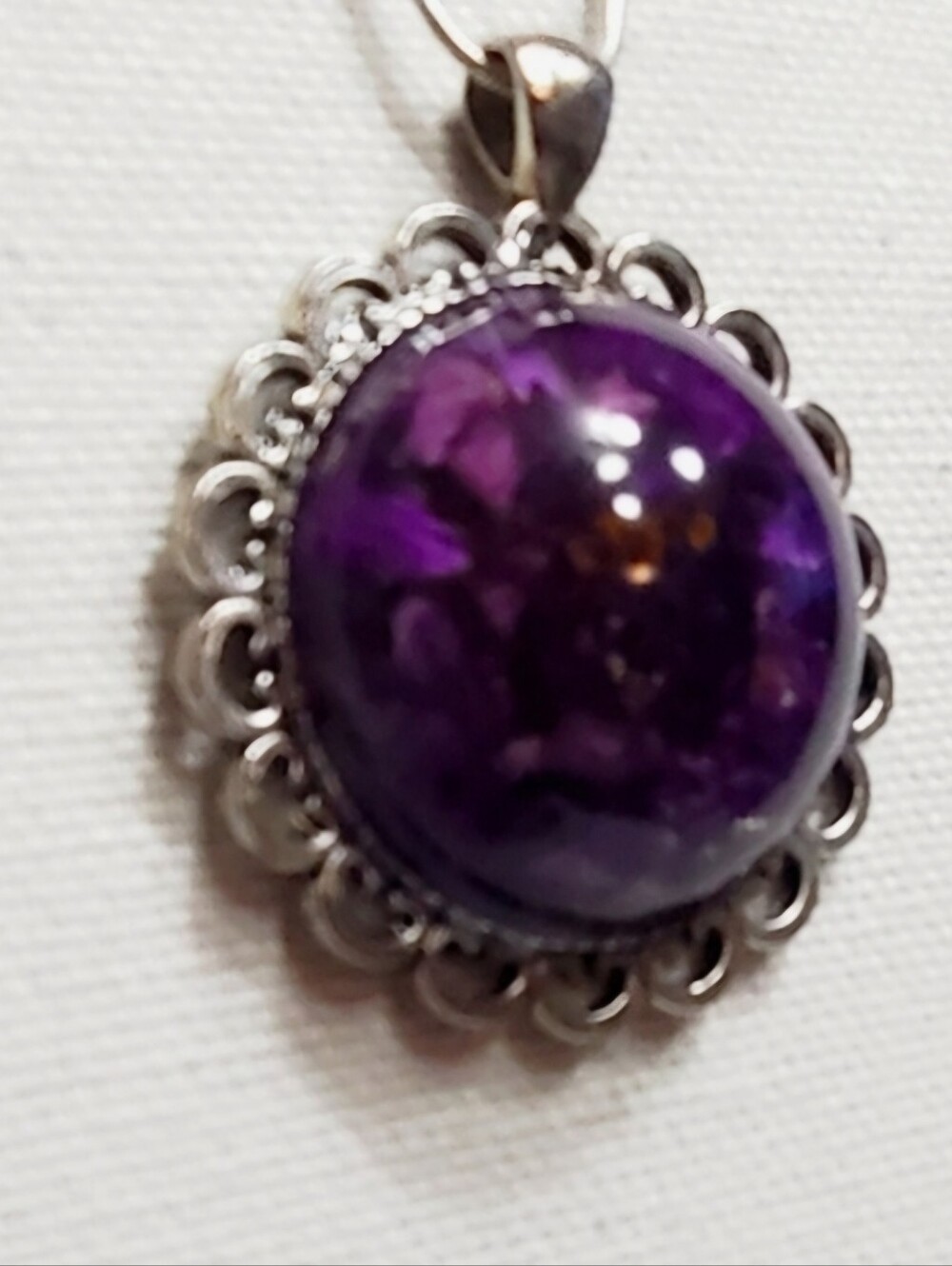 Real Purple Zinnia Resin Pendant Necklace Scallop Frame